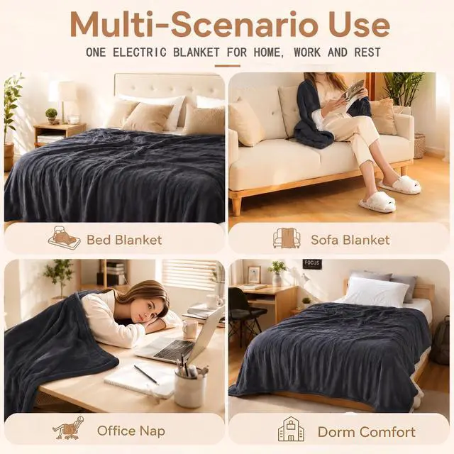 Alt view image 6 of 7 - Electric Heated Blanket Full Size 72"x84", Dual-Sided Flannel & Sherpa, 9 Heat Settings & 1-10H Auto Off, ETL Overheat Protection, Machine Washable, Iron Gray