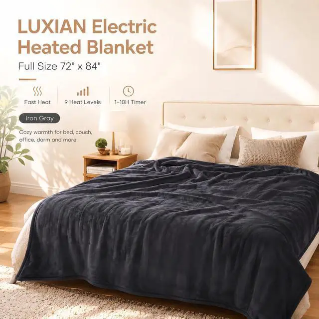 Alt view image 7 of 7 - Electric Heated Blanket Full Size 72"x84", Dual-Sided Flannel & Sherpa, 9 Heat Settings & 1-10H Auto Off, ETL Overheat Protection, Machine Washable, Iron Gray