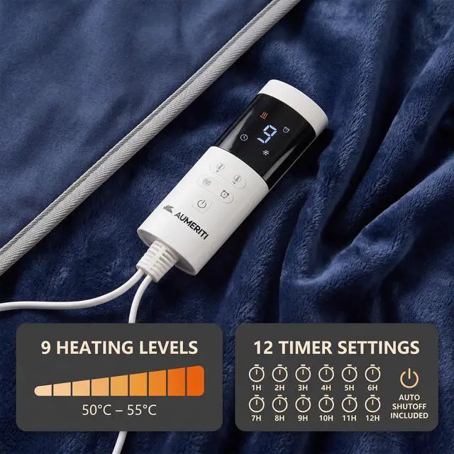 Alt view image 3 of 7 - - Heated Blanket 50"x60", Electric Blanket with 9 Heating Levels & Auto Shut-Off & 1-12H Timer, Soft Polyester Heating Blanket Throw for Couch & Bed, Machine Washable, Blue