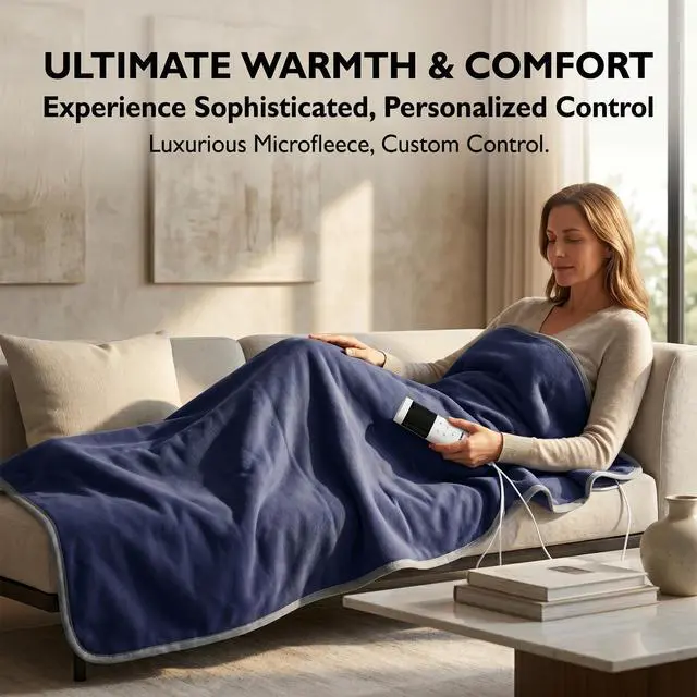Alt view image 7 of 7 - - Heated Blanket 50"x60", Electric Blanket with 9 Heating Levels & Auto Shut-Off & 1-12H Timer, Soft Polyester Heating Blanket Throw for Couch & Bed, Machine Washable, Blue