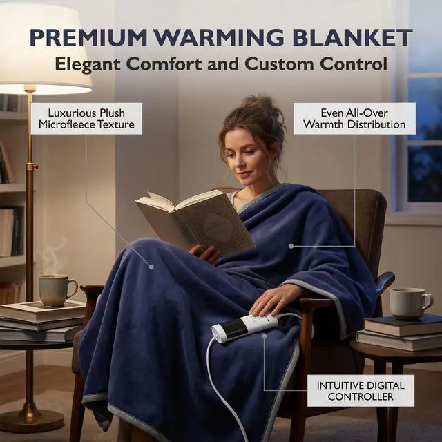 Alt view image 6 of 7 - - Heated Blanket 50"x60", Electric Blanket with 9 Heating Levels & Auto Shut-Off & 1-12H Timer, Soft Polyester Heating Blanket Throw for Couch & Bed, Machine Washable, Blue