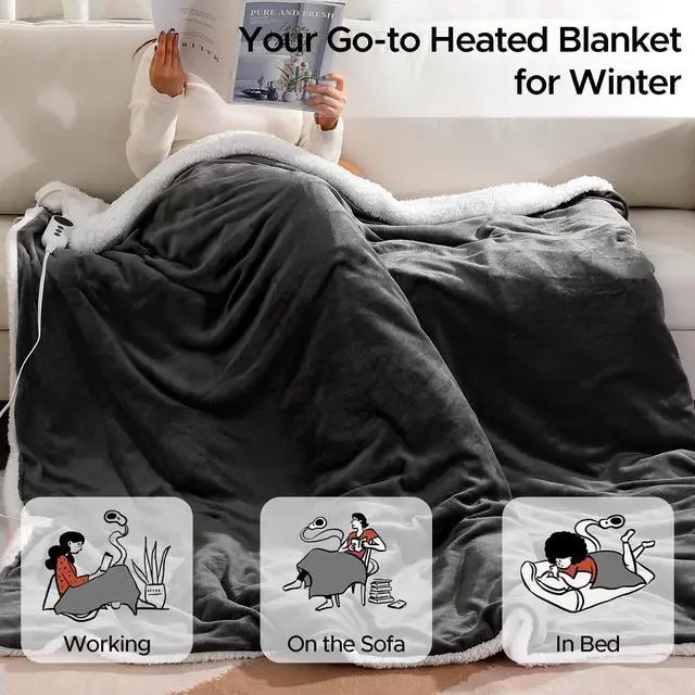 Alt view image 5 of 7 - Electric Blanket Twin - Soft Flannel Heated Blanket Twin Size 62x84 inches, Ultra Soft Fast Heating with 2-10 Timer Settings & 9 Heat Settings, Warm Gift for Grandma, Dark Gray