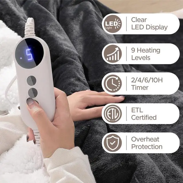 Alt view image 2 of 7 - Electric Blanket Twin - Soft Flannel Heated Blanket Twin Size 62x84 inches, Ultra Soft Fast Heating with 2-10 Timer Settings & 9 Heat Settings, Warm Gift for Grandma, Dark Gray