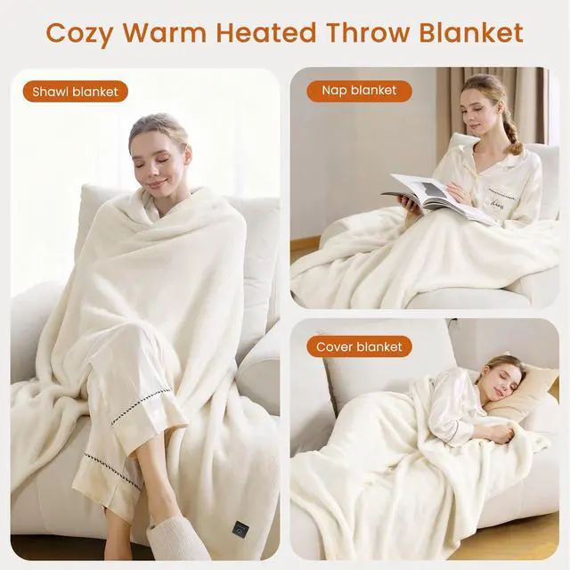 Alt view image 3 of 7 - Heated Throw Blanket with Built-in Button Controller 50"x60" Electric Blanket with Soft Flannel Sherpa Fleece 4 Heat Settings 4-Hour Auto Shut Off Overheat Protection for Couch Bed and Office