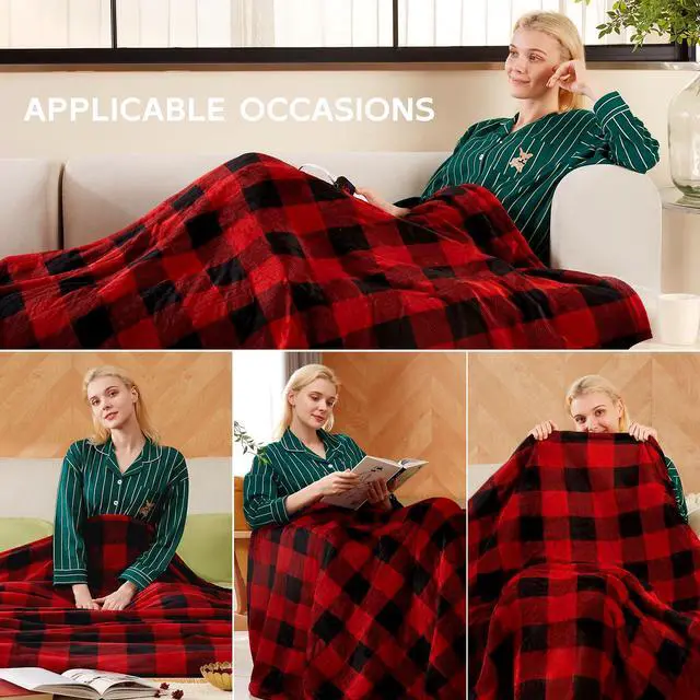 Alt view image 6 of 7 - Electric Heated Sherpa Buffalo Plaid Christmas Throw 8 Heating Levels