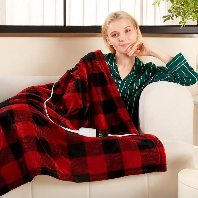 Alt view image 2 of 7 - Electric Heated Sherpa Buffalo Plaid Christmas Throw 8 Heating Levels