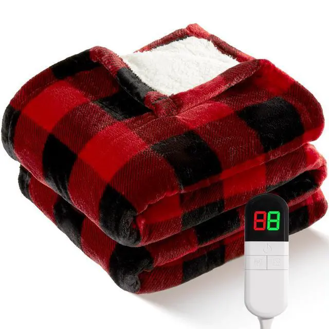 Main image of Electric Heated Sherpa Buffalo Plaid Christmas Throw 8 Heating Levels