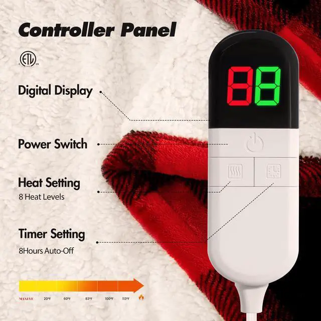 Alt view image 3 of 7 - Electric Heated Sherpa Buffalo Plaid Christmas Throw 8 Heating Levels