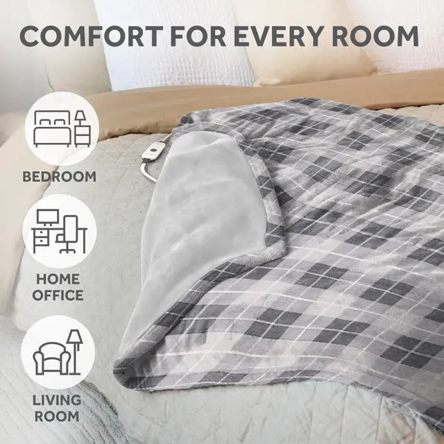 Alt view image 5 of 7 - Electric Throw Royal Luxe Microplush Heated Blanket, 4 Heat Settings, 4-Hour Auto Shut-Off, Fast Heating, Warm and Cozy, Grey Rodeen Plaid, 50" x 60"