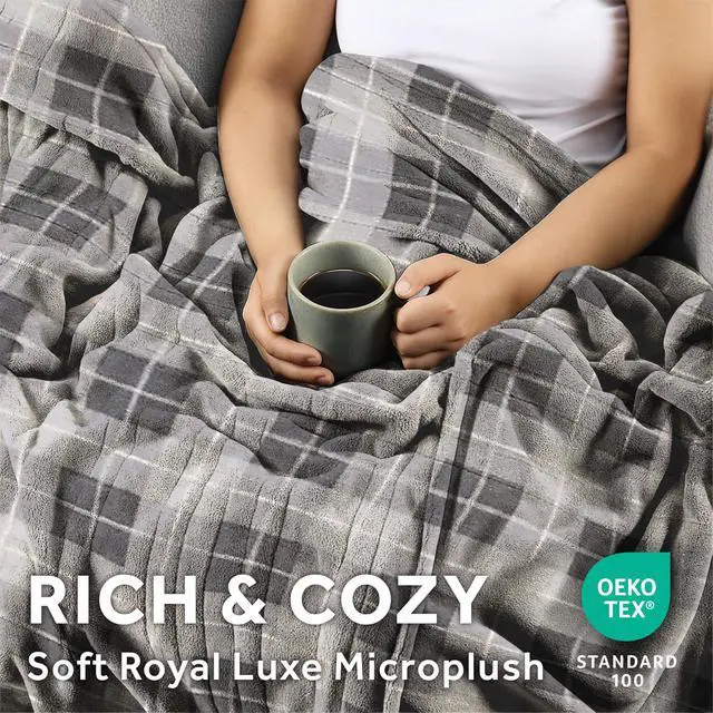 Alt view image 4 of 7 - Electric Throw Royal Luxe Microplush Heated Blanket, 4 Heat Settings, 4-Hour Auto Shut-Off, Fast Heating, Warm and Cozy, Grey Rodeen Plaid, 50" x 60"