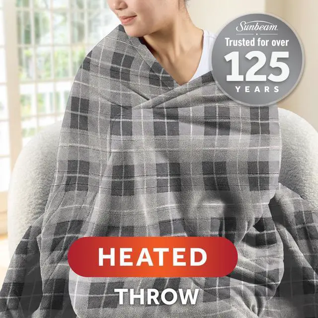 Alt view image 2 of 7 - Electric Throw Royal Luxe Microplush Heated Blanket, 4 Heat Settings, 4-Hour Auto Shut-Off, Fast Heating, Warm and Cozy, Grey Rodeen Plaid, 50" x 60"