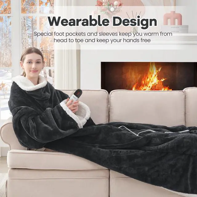 Alt view image 4 of 7 - Heated Wearable Blanket with Foot Pocket & Sleeves Electric Snuggle