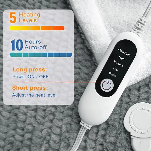 Alt view image 4 of 7 - Heated Blanket Electric Throw Blanket with 5 Heat Settings, 10H Auto-Off, 50"x60" Soft Wave Fleece for Couch, Bed & Office, ETL Certified