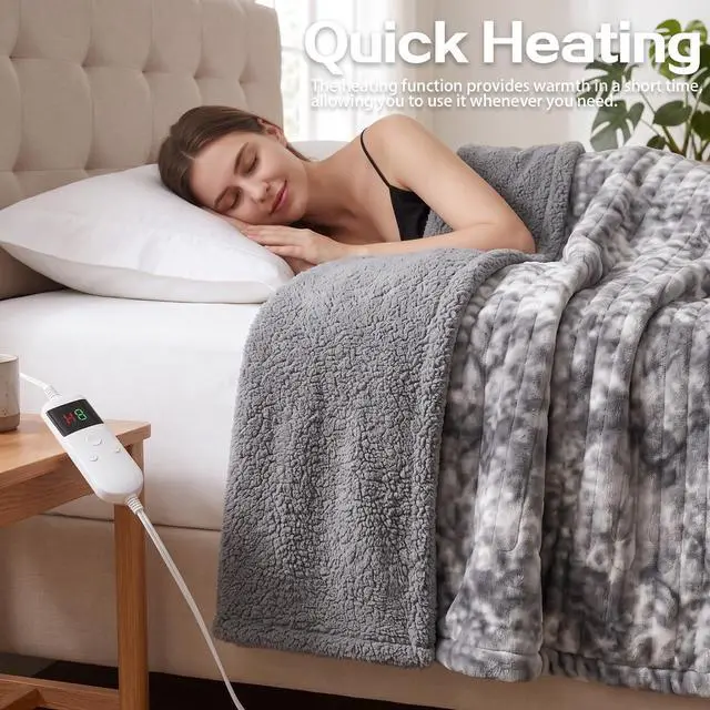 Alt view image 3 of 7 - Heated Electric Blanket Throw 50''x60'' - Fast Tie-Dye Heating Blanket, Washable Heat Blanket 10 Heating Settings, 8h Timer Auto Off & Heated Protection, Soft Flannel & Sherpa Material