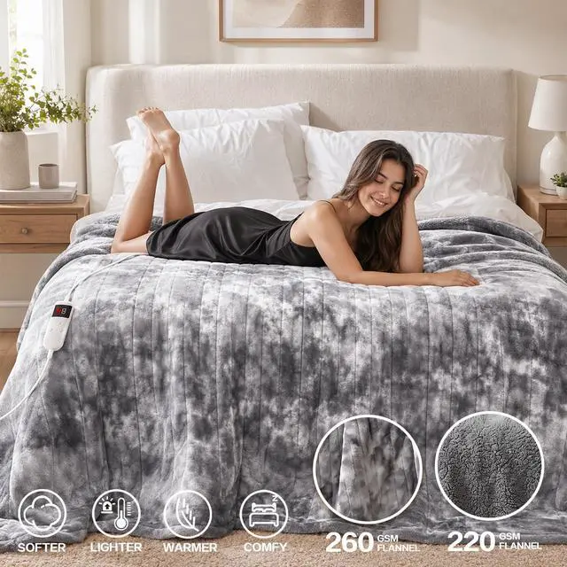 Alt view image 2 of 7 - Heated Electric Blanket Throw 50''x60'' - Fast Tie-Dye Heating Blanket, Washable Heat Blanket 10 Heating Settings, 8h Timer Auto Off & Heated Protection, Soft Flannel & Sherpa Material