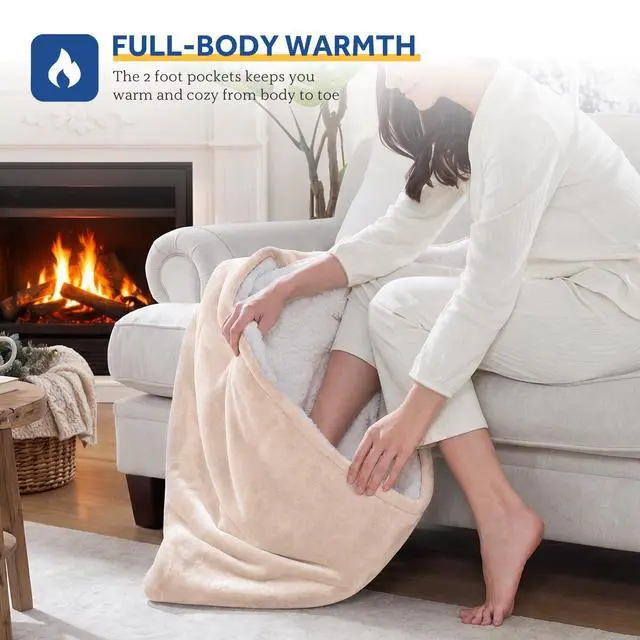 Alt view image 2 of 7 - Electric Blanket with Foot Pocket for Adults, Flannel & Sherpa Heated Blanket Throw with 6 Heating Levels & 2-10 Hours Auto Shut Off, Fast Heating & Machine Washable, 50x62 Inch, Beige