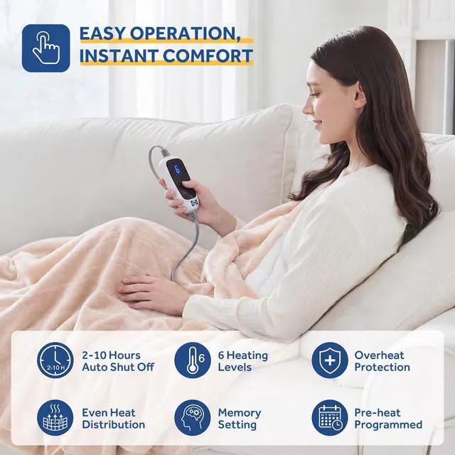 Alt view image 3 of 7 - Electric Blanket with Foot Pocket for Adults, Flannel & Sherpa Heated Blanket Throw with 6 Heating Levels & 2-10 Hours Auto Shut Off, Fast Heating & Machine Washable, 50x62 Inch, Beige