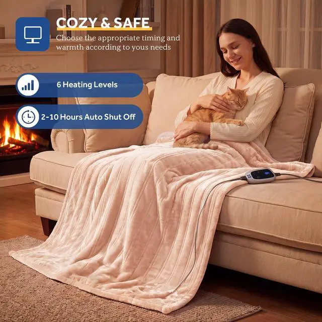 Alt view image 6 of 7 - Electric Blanket with Foot Pocket for Adults, Flannel & Sherpa Heated Blanket Throw with 6 Heating Levels & 2-10 Hours Auto Shut Off, Fast Heating & Machine Washable, 50x62 Inch, Beige