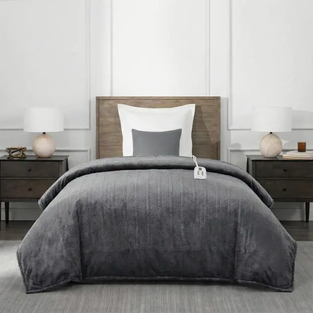 Main image of Electric Heated Comfort Plush Herringbone Blanket w/ 10 Heat Settings - Adjustable Timer - Dryer Safe - Twin Blanket - Gray
