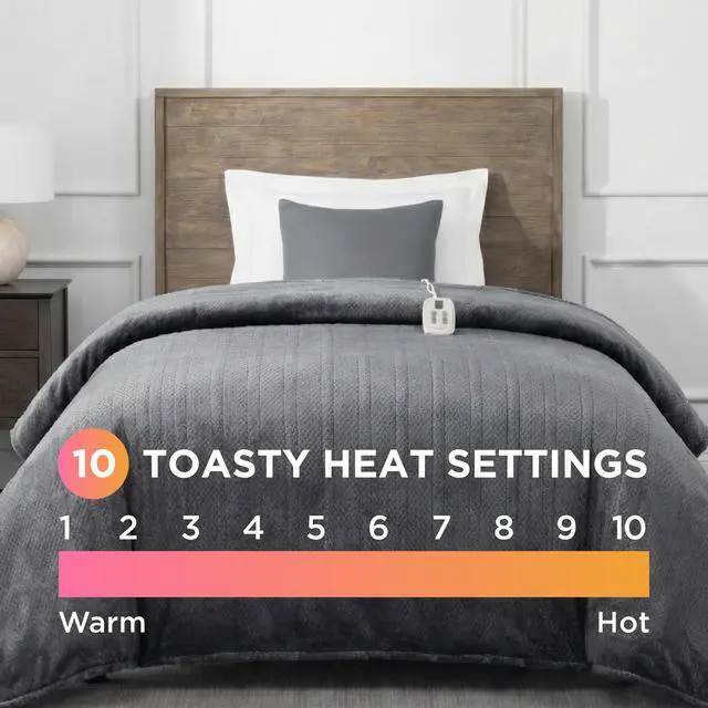 Alt view image 2 of 7 - Electric Heated Comfort Plush Herringbone Blanket w/ 10 Heat Settings - Adjustable Timer - Dryer Safe - Twin Blanket - Gray