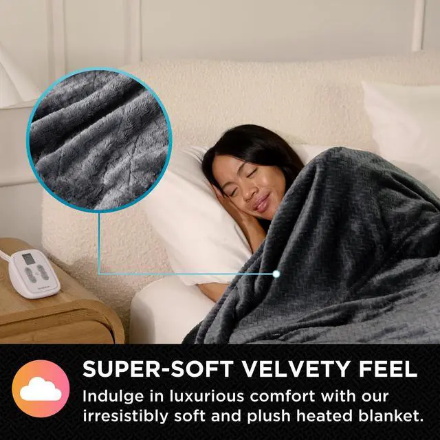 Alt view image 3 of 7 - Electric Heated Comfort Plush Herringbone Blanket w/ 10 Heat Settings - Adjustable Timer - Dryer Safe - Twin Blanket - Gray