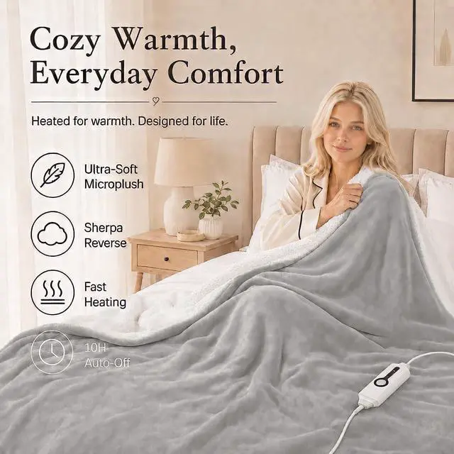 Alt view image 2 of 7 - Electric Heated Blanket Full Size 72"x84" ETL Certified for Safe Overnight, 4 Heat Settings & 10H Auto Off, Dual-Sided Microplush Sherpa for Home Theater Night, Machine washable Light Gray