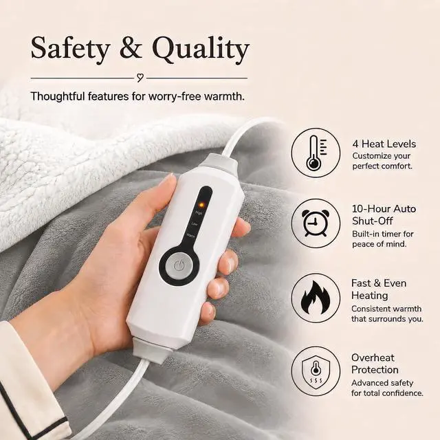Alt view image 4 of 7 - Electric Heated Blanket Full Size 72"x84" ETL Certified for Safe Overnight, 4 Heat Settings & 10H Auto Off, Dual-Sided Microplush Sherpa for Home Theater Night, Machine washable Light Gray