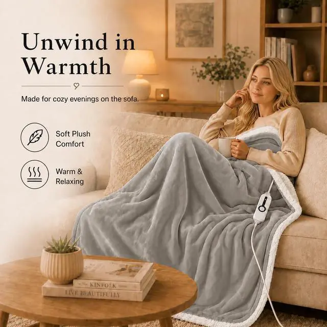 Alt view image 5 of 7 - Electric Heated Blanket Full Size 72"x84" ETL Certified for Safe Overnight, 4 Heat Settings & 10H Auto Off, Dual-Sided Microplush Sherpa for Home Theater Night, Machine washable Light Gray