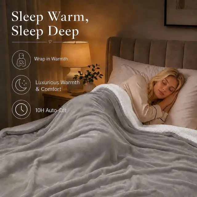 Alt view image 6 of 7 - Electric Heated Blanket Full Size 72"x84" ETL Certified for Safe Overnight, 4 Heat Settings & 10H Auto Off, Dual-Sided Microplush Sherpa for Home Theater Night, Machine washable Light Gray