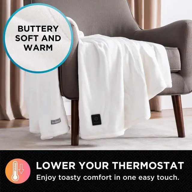 Alt view image 2 of 6 - Electric Heated Plush Throw - Heated Blankets - 4 Heat Settings, 4-Hour Auto Shut Off, 100% Polyester, 50"x60" - Ivory