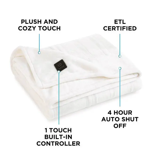 Alt view image 3 of 6 - Electric Heated Plush Throw - Heated Blankets - 4 Heat Settings, 4-Hour Auto Shut Off, 100% Polyester, 50"x60" - Ivory