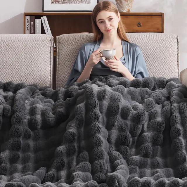 Alt view image 3 of 6 - Heated Blanket Throw with 1/2/4/6/8 Hours Auto-Off 10 Heat Level, 50'' * 60'' Cozy Faux Rabbit Fur Bubble Electric Blanket with Overheat Protection(Dark Grey)