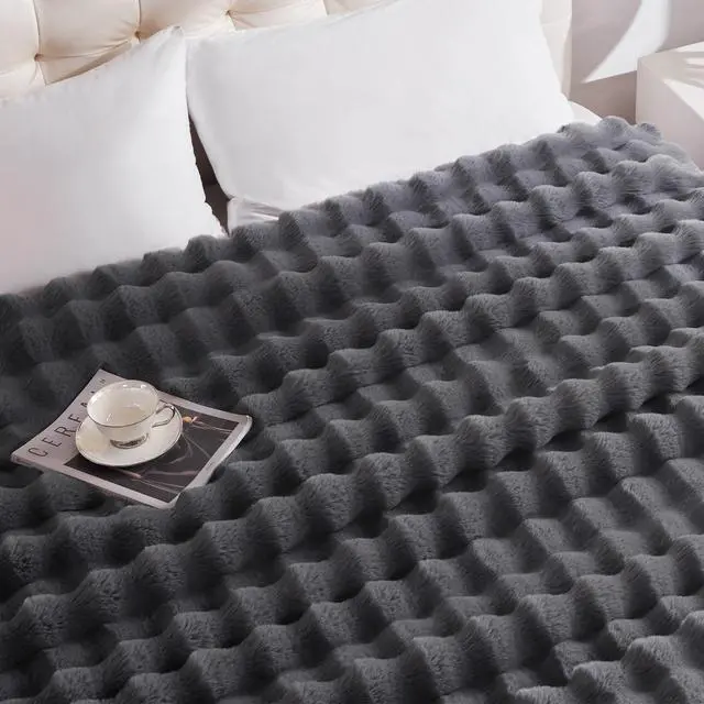 Alt view image 5 of 6 - Heated Blanket Throw with 1/2/4/6/8 Hours Auto-Off 10 Heat Level, 50'' * 60'' Cozy Faux Rabbit Fur Bubble Electric Blanket with Overheat Protection(Dark Grey)