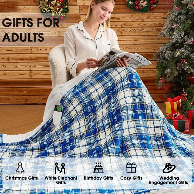 Alt view image 5 of 7 - Heated Blanket Electric Throw 50X60 Heating Blanket with 10 Heating Levels 8 Hours Auto Off, Blue Plaid Sherpa Blankets Winter Warmer, Home Decor for Couch Bed Office,Gifts for Mom, Women,Washable