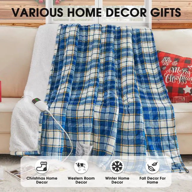 Alt view image 7 of 7 - Heated Blanket Electric Throw 50X60 Heating Blanket with 10 Heating Levels 8 Hours Auto Off, Blue Plaid Sherpa Blankets Winter Warmer, Home Decor for Couch Bed Office,Gifts for Mom, Women,Washable