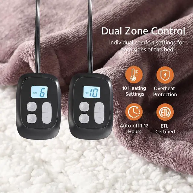 Alt view image 5 of 6 - Electric Heated Blanket Queen Size 84" x 90", Soft Flannel for Bed, Couples, 10 Heat Settings, 1-12H Auto Shut Off, Dual Zone Controls, Overheat Protection, Machine Washable, Purple