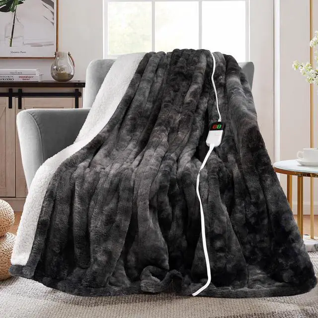 Main image of Electric Heated Throw Faux Rabbit Fur Blanket 8 Heating Levels