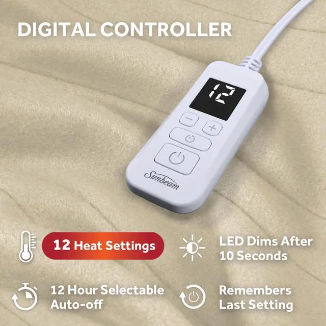 Alt view image 3 of 7 - Royal Ultra Fleece Heated Electric Blanket Twin Size, 84" x 62", 12 Heat Settings, 12-Hour Selectable Auto Shut-Off, Fast Heating, Machine Washable, Warm and Cozy, Pebble