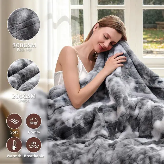 Alt view image 2 of 7 - Electric Heated Throw Faux Rabbit Fur Blanket 8 Heating Levels