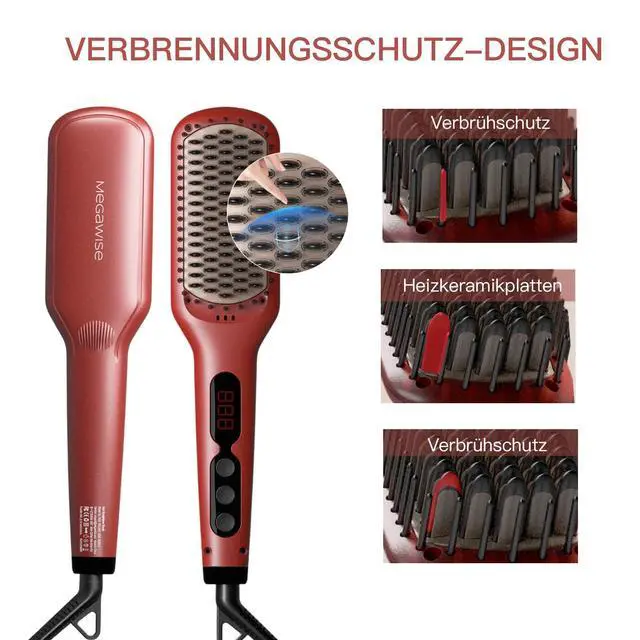 Alt view image 2 of 7 - Hair Straightener Brush Pro, Fast Heating Ceramic Ionic Brush for Smooth Frizz-Free Hair, Safe Anti-Scald Design, Dual Voltage Travel Use (Tomato Red)