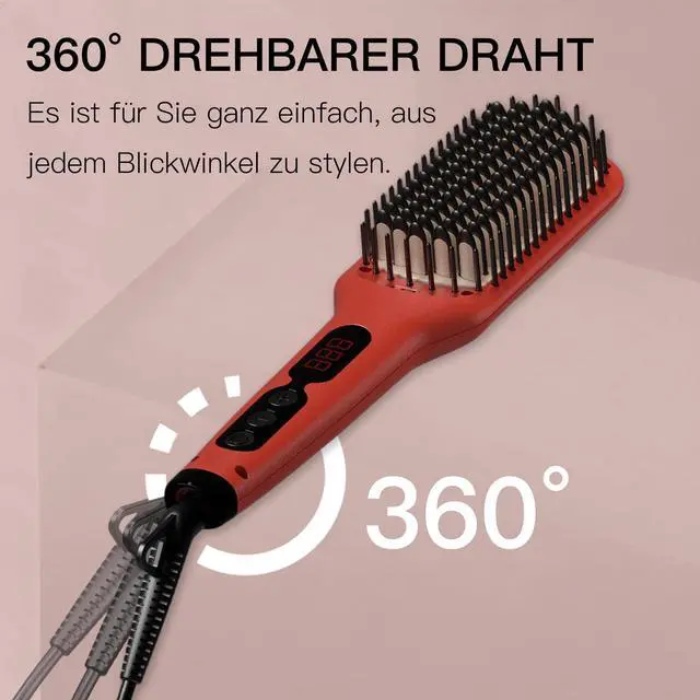 Alt view image 6 of 7 - Hair Straightener Brush Pro, Fast Heating Ceramic Ionic Brush for Smooth Frizz-Free Hair, Safe Anti-Scald Design, Dual Voltage Travel Use (Tomato Red)
