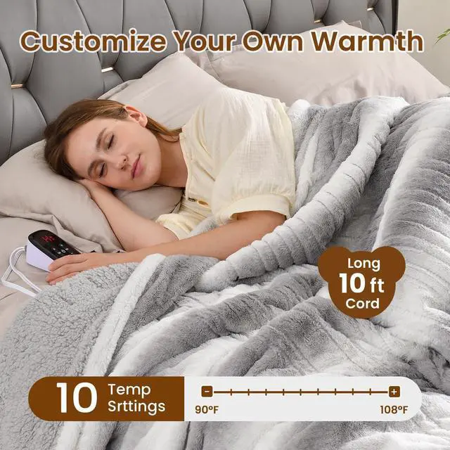 Alt view image 2 of 7 - Electric Blanket Full Size 77" x 84", 10 Heat Settings Heated Blanket, 1-12 Hour Auto Shut-Off, Faux Fur & Sherpa Dual-Sided Heating Blanket, Machine Washable, Gift-Ready Elegant Packaging