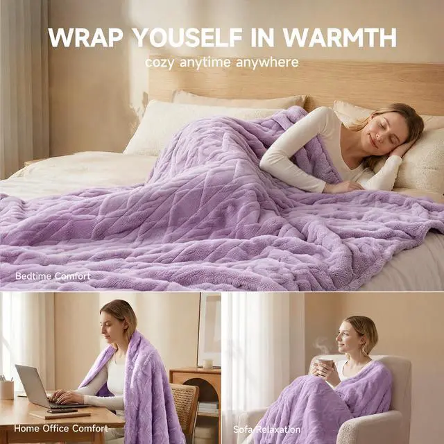 Alt view image 2 of 7 - Heated Blanket-Electric Blanket 50"x60" Soft Heated Throw Blanket with 5 Heating Levels & 3 Hours auto-Off,Machine Washable(Purple