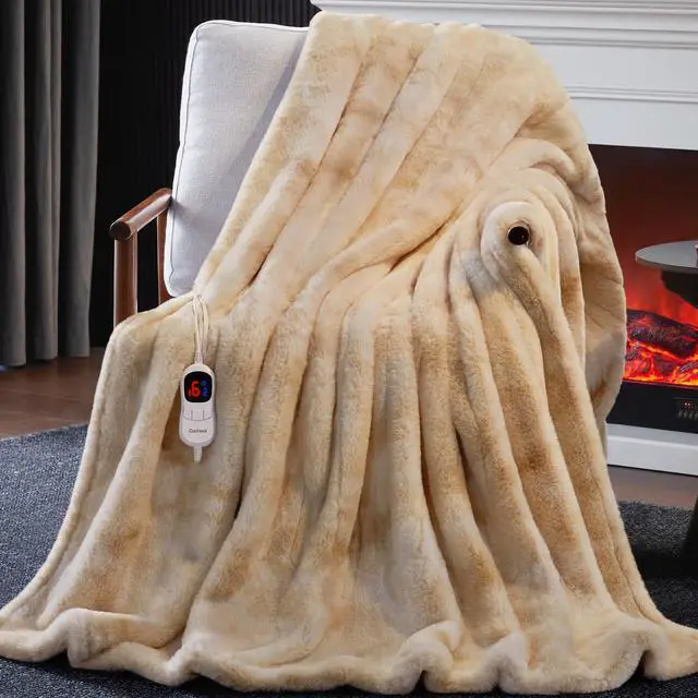 Main image of Heated Blanket Electric Throw, Soft Faux Rabbit Fur Electric Blanket with 10 Heating Levels 5 Sitting Timer Auto Off, Cozy Warm Heating Blankets, Machine Washable(62"×84" Beige)