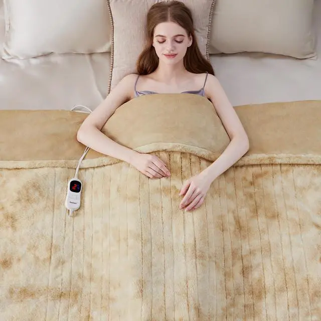 Alt view image 5 of 7 - Heated Blanket Electric Throw, Soft Faux Rabbit Fur Electric Blanket with 10 Heating Levels 5 Sitting Timer Auto Off, Cozy Warm Heating Blankets, Machine Washable(62"×84" Beige)