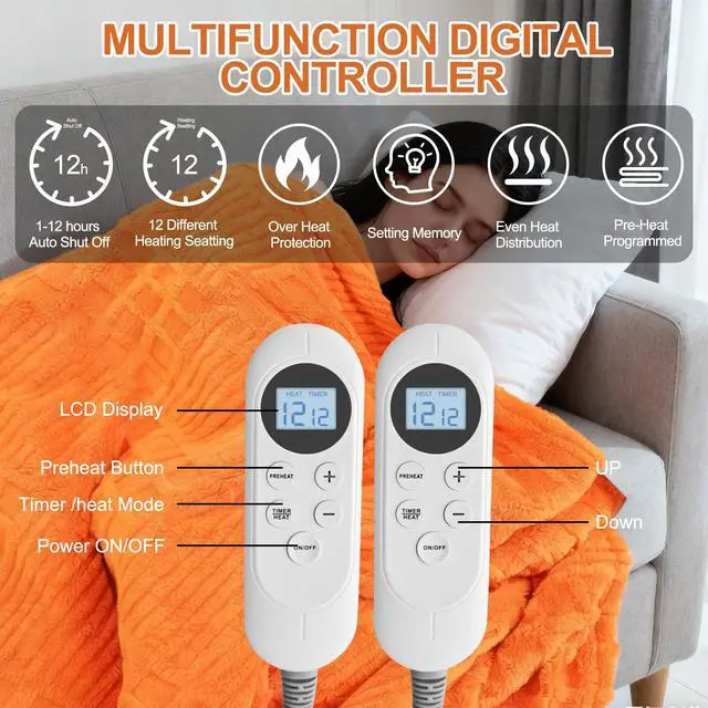 Alt view image 3 of 7 - Heated Blanket Electric King, 90"X100" Waffle Heating Blanket with 12 Heat Levels, Fast Heating Blanket with 1-12 Timer Settings, Overheat Protection with ETL & FCC for Home Office -Orange
