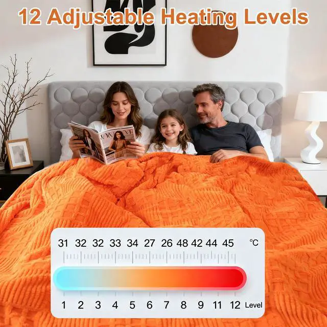 Alt view image 4 of 7 - Heated Blanket Electric King, 90"X100" Waffle Heating Blanket with 12 Heat Levels, Fast Heating Blanket with 1-12 Timer Settings, Overheat Protection with ETL & FCC for Home Office -Orange