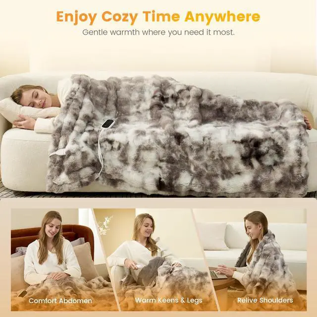 Alt view image 6 of 7 - Heated Bubble Faux Fur Blanket Electric - 50"x60" Heating Blanket Throw 2/4/6/8 Hours Auto-Off 8 Heat Level Over-Heat Protection Electric ETL Certification Tie-dye Grey