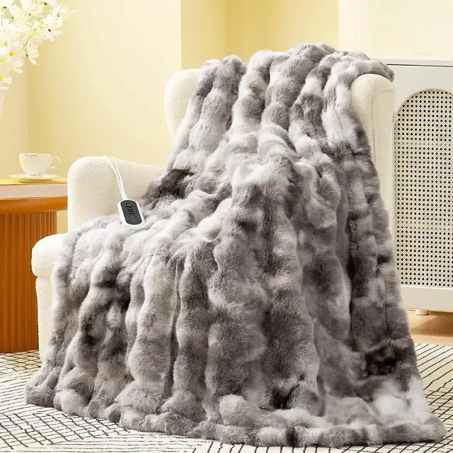 Main image of Heated Bubble Faux Fur Blanket Electric - 50"x60" Heating Blanket Throw 2/4/6/8 Hours Auto-Off 8 Heat Level Over-Heat Protection Electric ETL Certification Tie-dye Grey