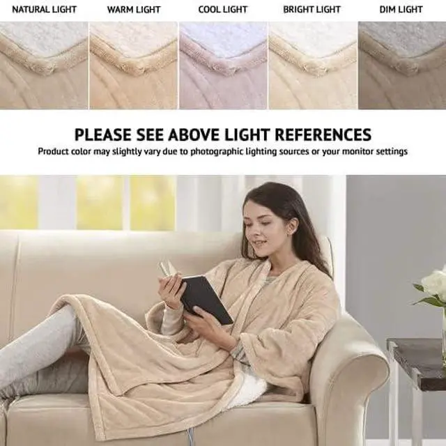 Alt view image 2 of 6 - Wearable Electric Poncho Wrap Blanket, Ultra Soft Sherpa & Berber Fleece Heated Throw with Low EMF, UL Certified & OEKO-TEX, 3 Heat Settings & 2 Hour Auto Shutoff, Gift-Ready, 50"x64",Tan
